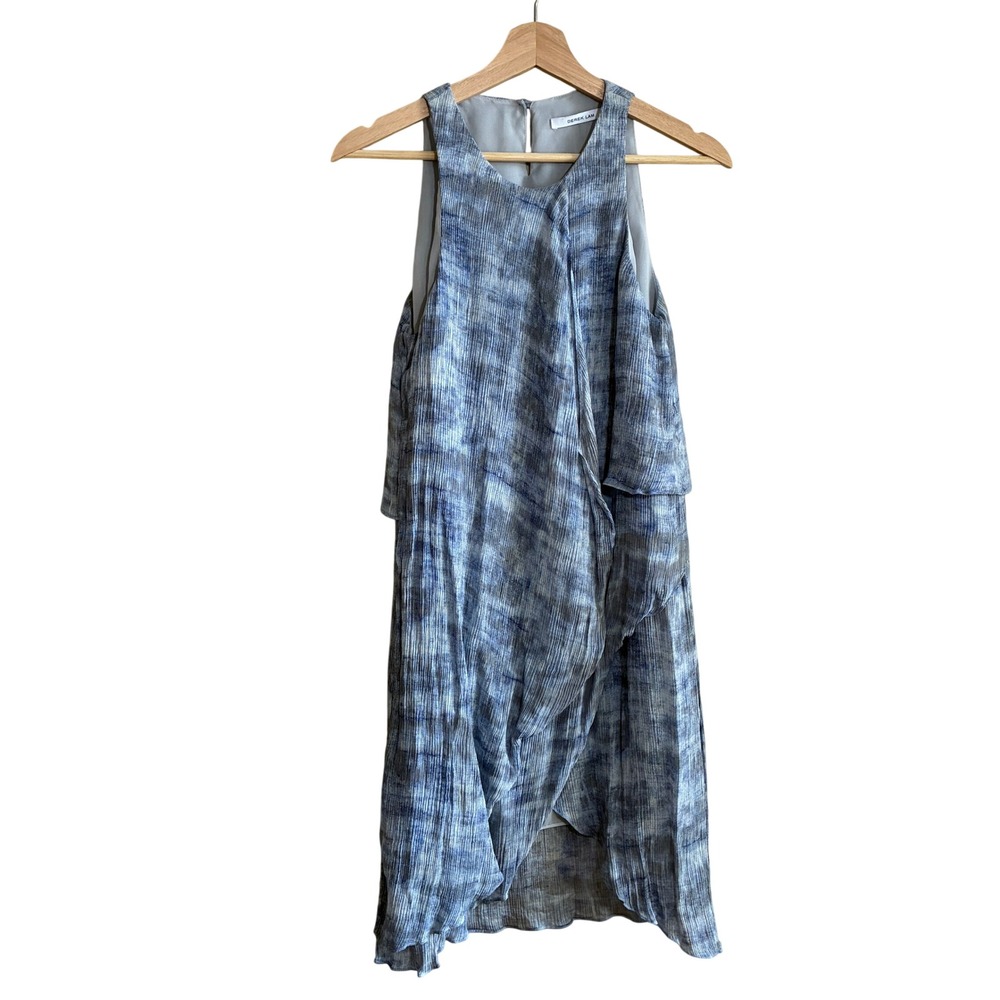 Derek Lam Abstract Print Silk Pleated Layered Dress 2 Blue Womens Luxury